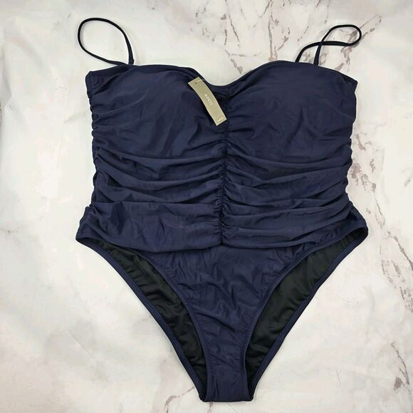 J Crew One Piece 24 3X Navy Ruched Sweetheart Swim Suit Padded Cheeky Spaghetti - Picture 1 of 12